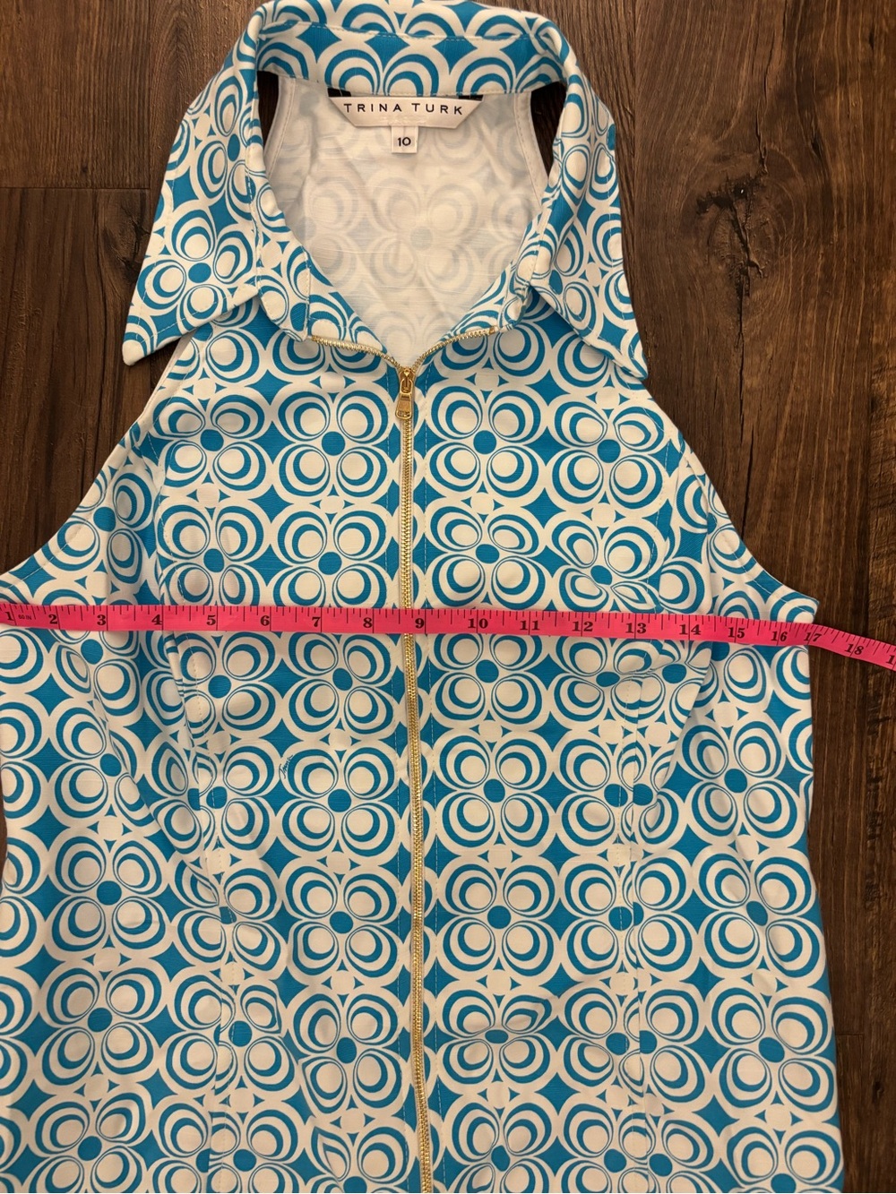 Trina Turk Teal and White Sleeveless Zip Dress with Geometric Print - Picture 4 of 7